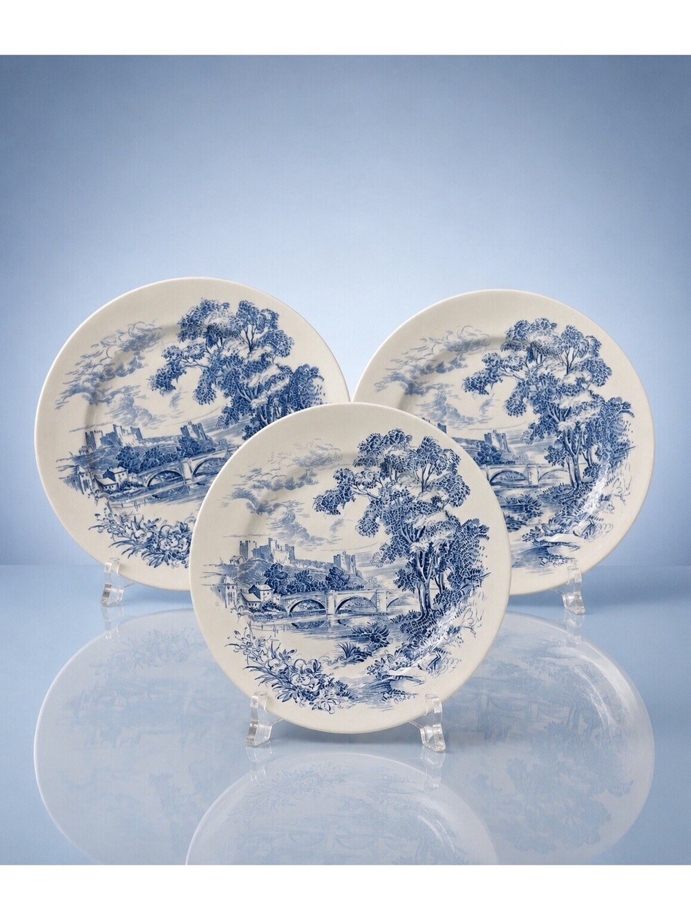 Wedgwood 1950s 3 Scenic Dinner Plates Countryside Blue Transferware, 9.75”